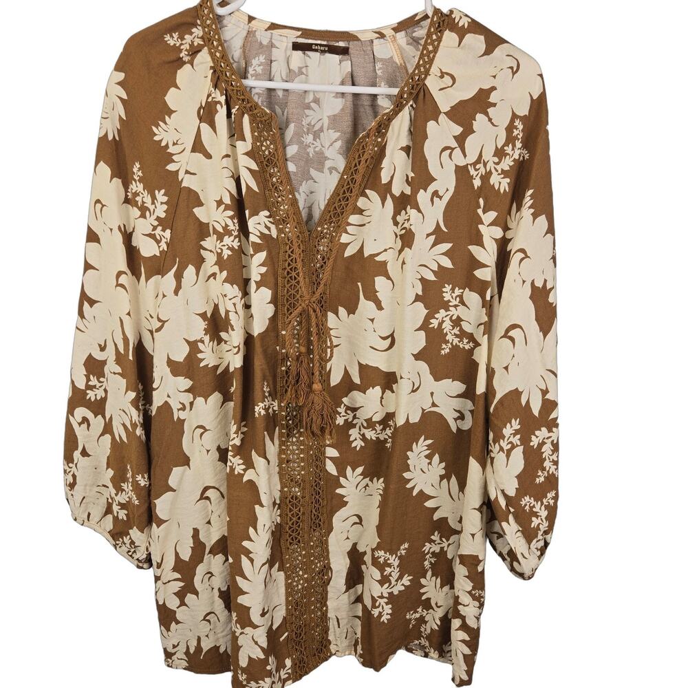 BOHO PEASANT Gaharu Women's XL Blouse Brown Floral V-Neck 3/4 Sleeve Tassels